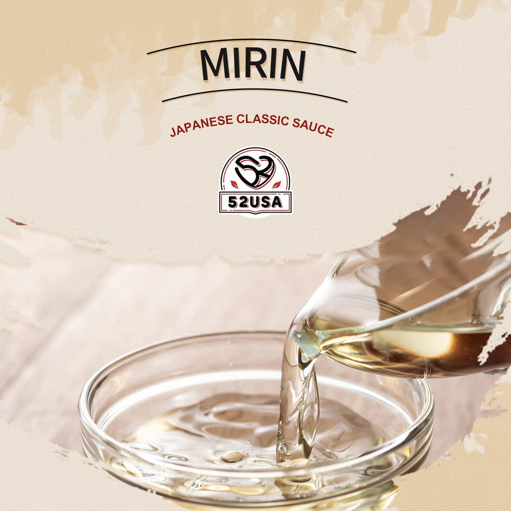 52USA Mirin bottle label close-up emphasizes natural ingredients for healthier cooking