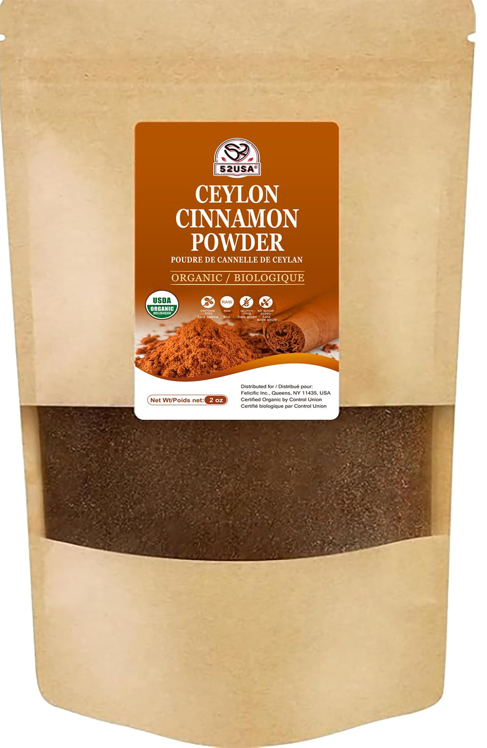 52USA Organic Ceylon Cinnamon Powder bottle with fresh aroma for baking.