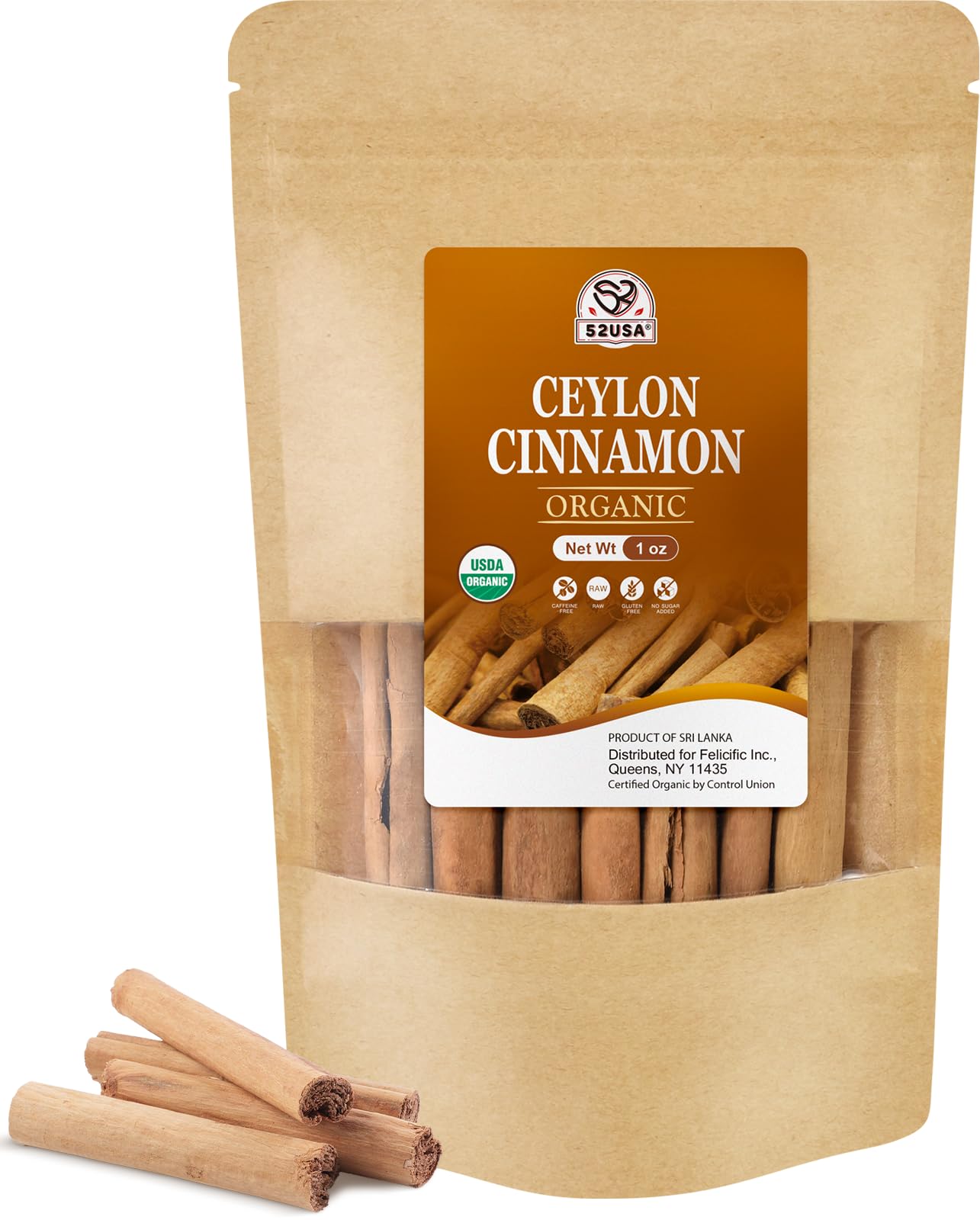 52USA Organic Ceylon Cinnamon Sticks packaging highlights organic quality for healthy cooking