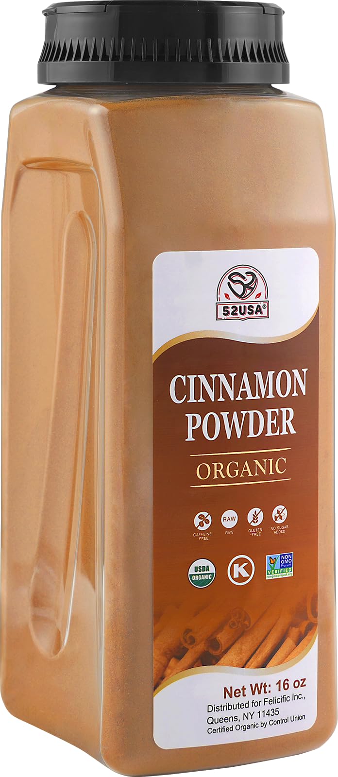 52USA Organic Cinnamon Powder bottle front showing premium spice quality