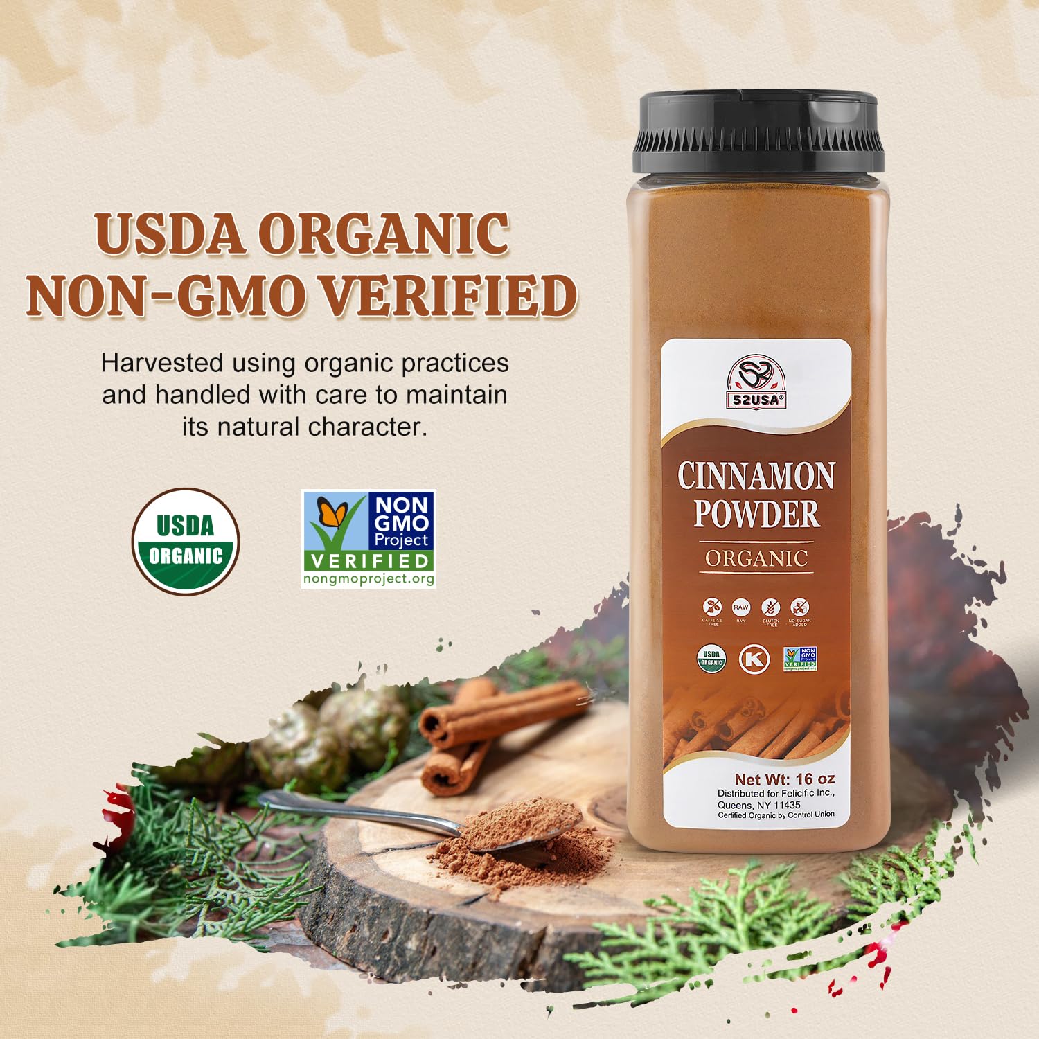 52USA cinnamon powder resealable cap emphasizing freshness