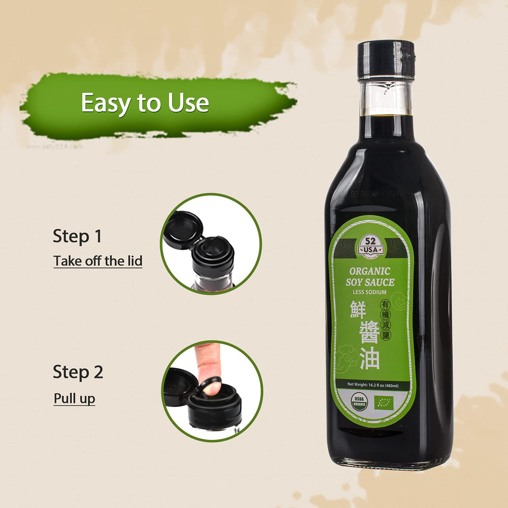 52USA Organic Soy Sauce ingredients panel highlights clean, natural components.