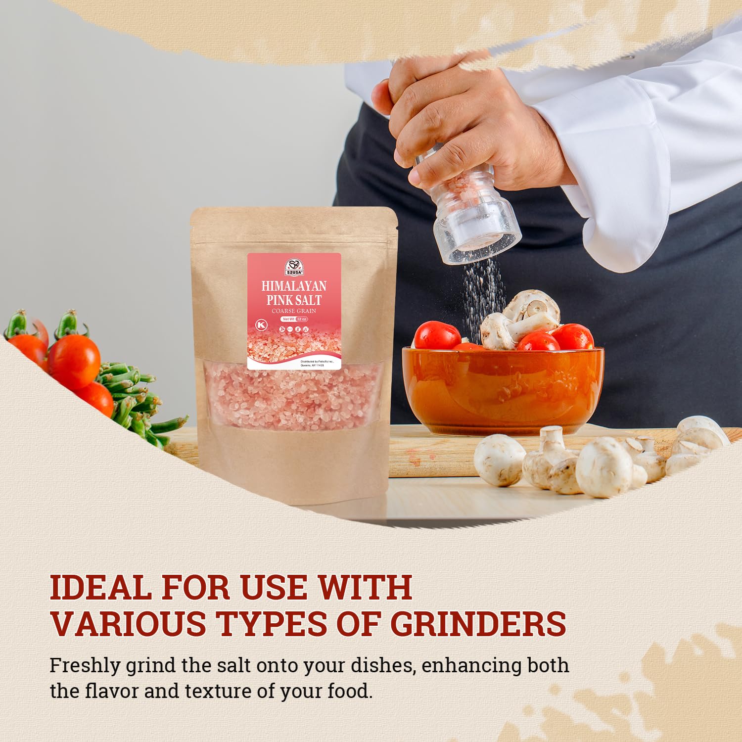 52USA pink salt on kitchen counter used for seasoning