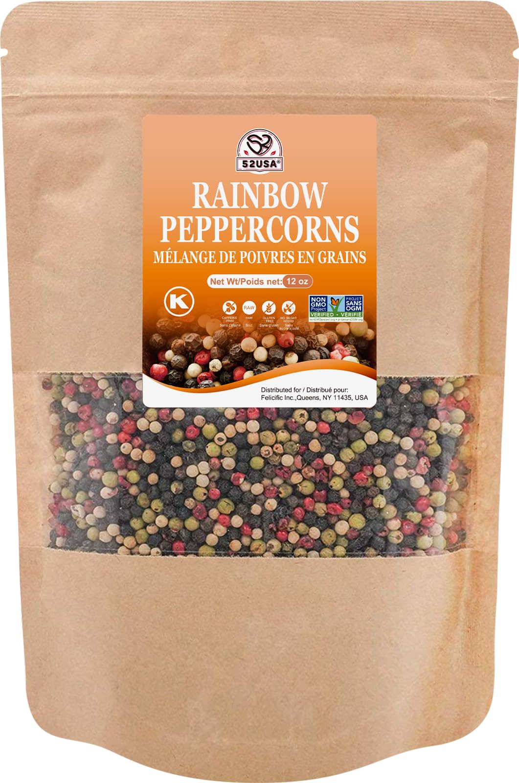 52USA Rainbow Peppercorns in a 12oz bottle; perfect for grinder refills.