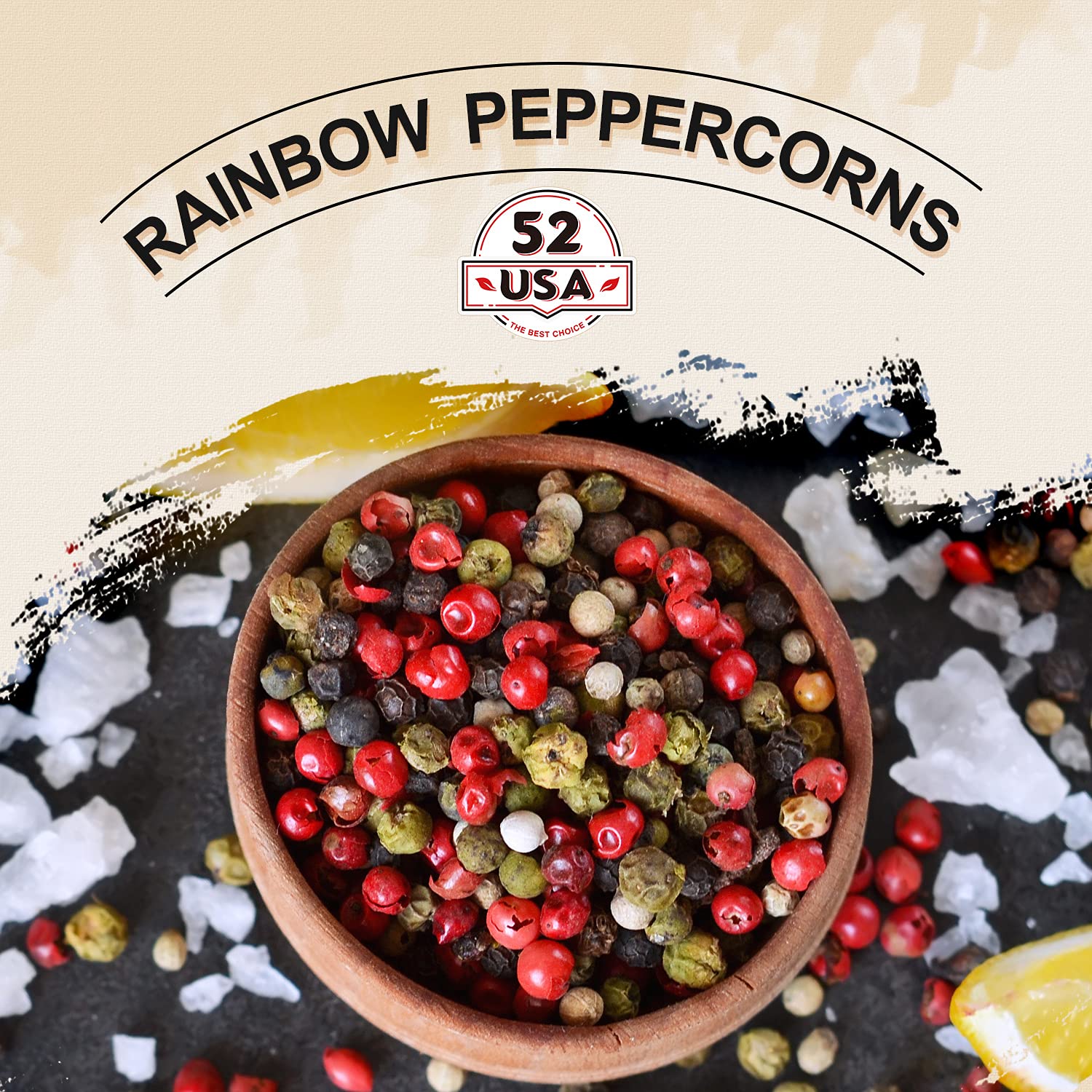 52USA Rainbow Peppercorns colorful peppers closeup enhances recipes with aroma.