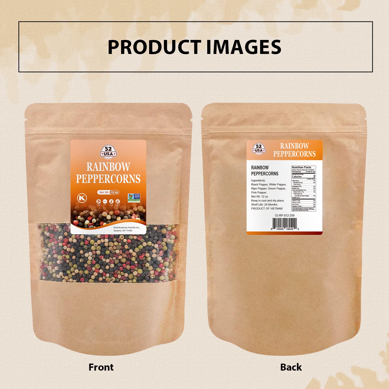 52USA Rainbow Peppercorns display on counter for quick seasoning.