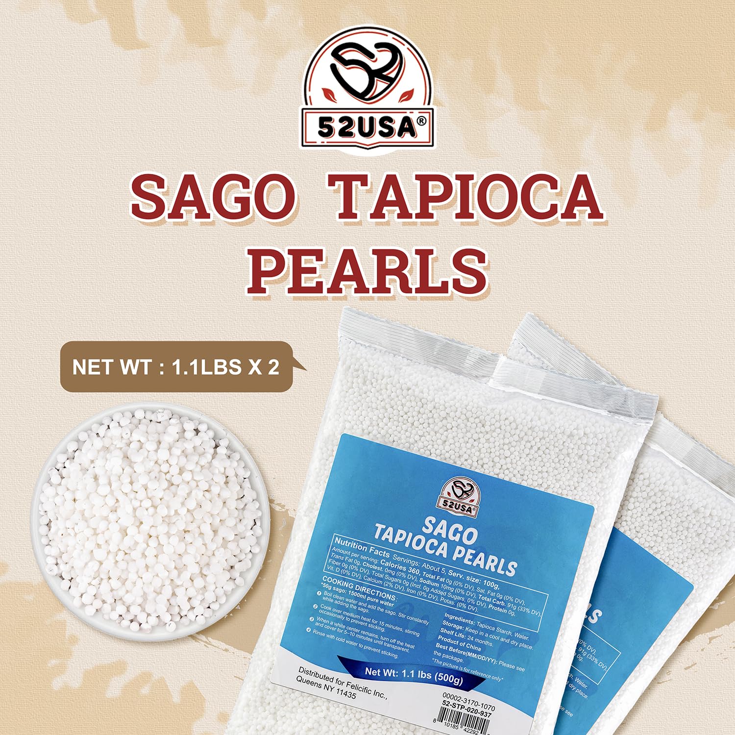 Cooked 52USA Sago pearls show a soft, chewy texture.