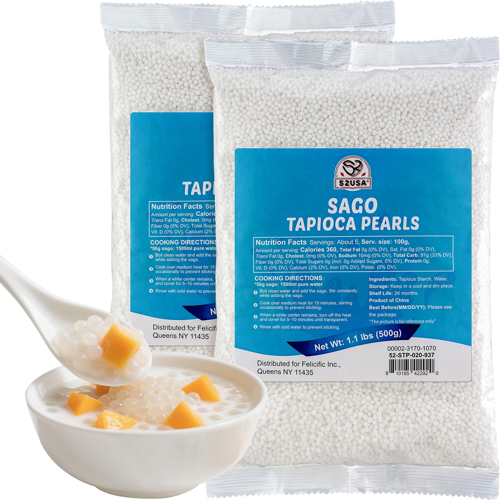 52USA Sago pearls packaging closeup highlighting natural ingredients.