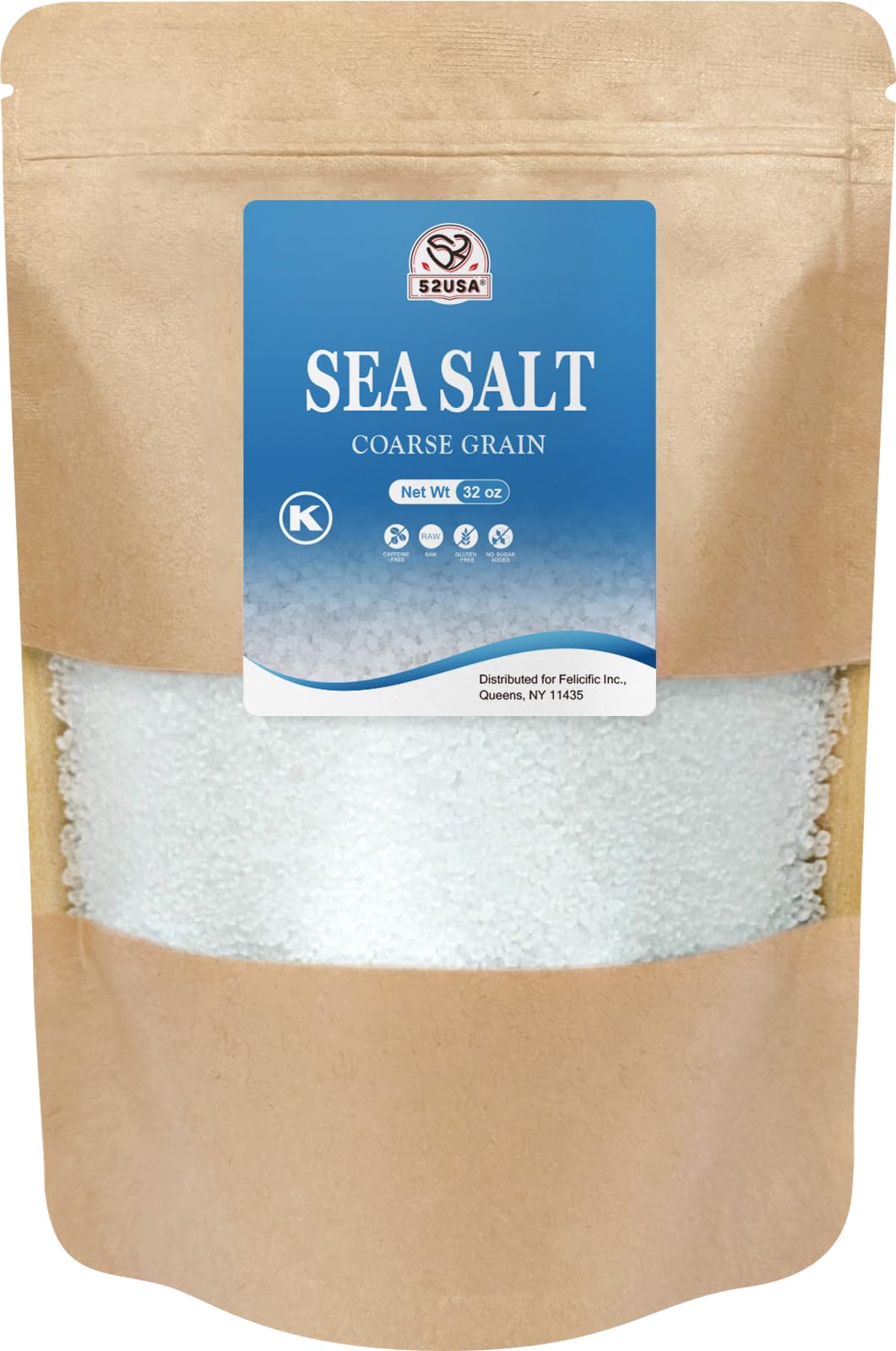 52USA Sea Salt coarse-grain 2lb pack shown in a resealable bag for fresh flavor.