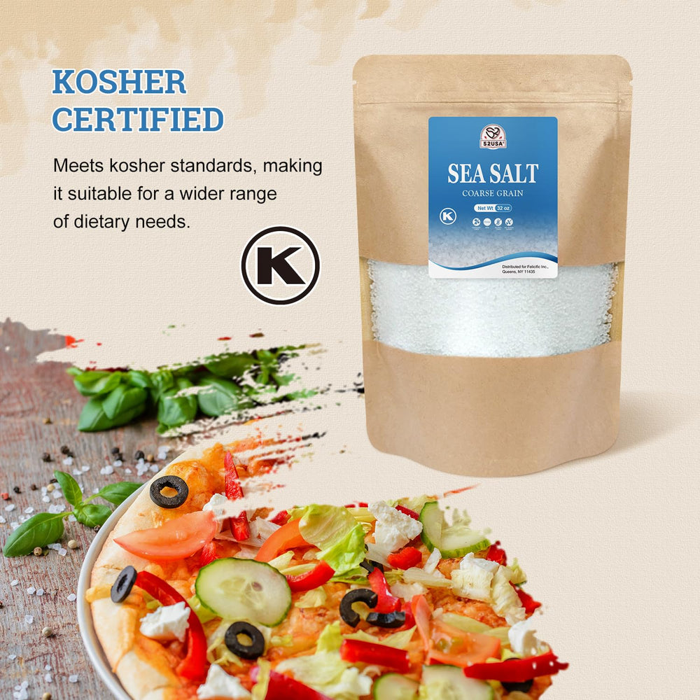52USA Sea Salt resealable stand-up pouch preserves freshness of the coarse crystals.
