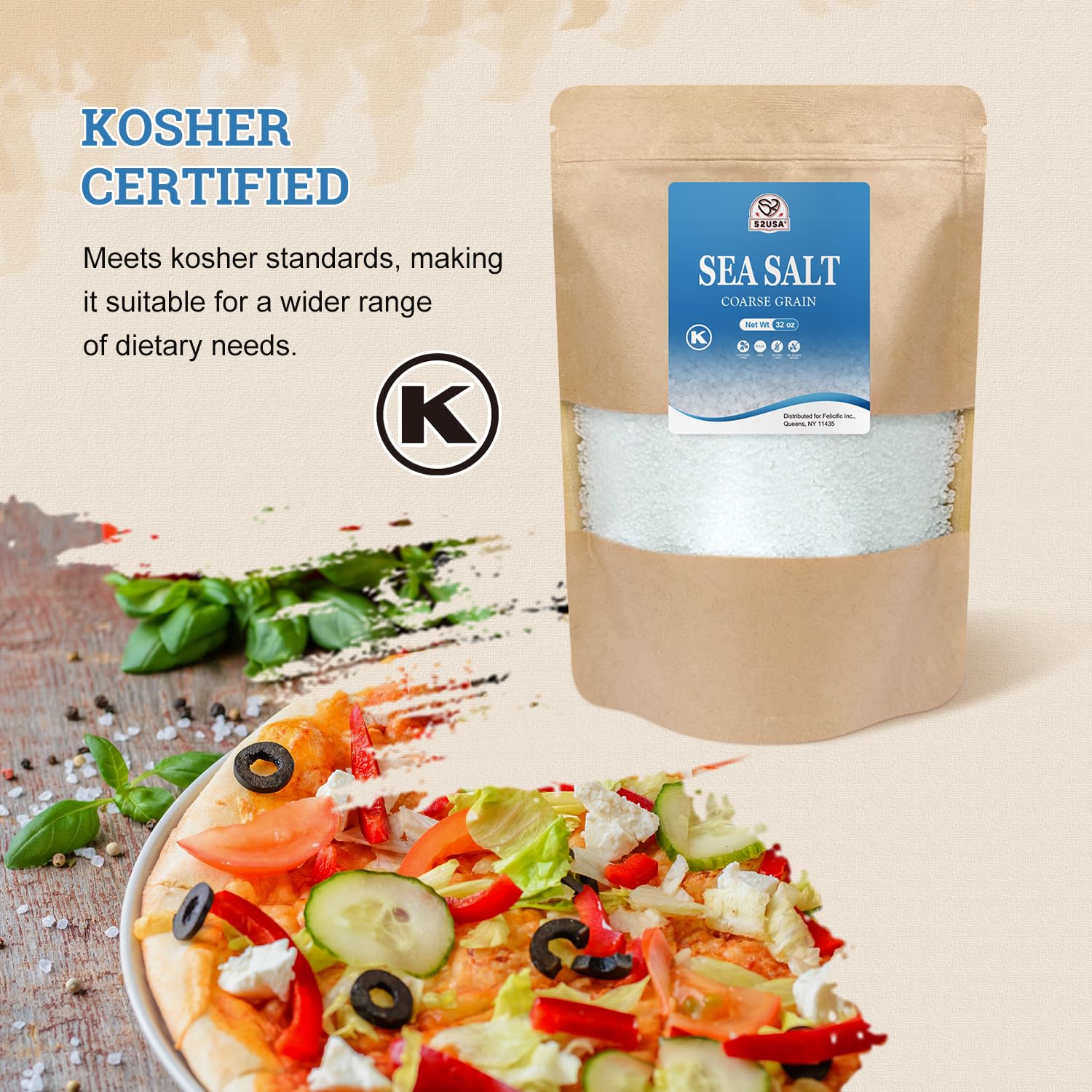 52USA sea salt coarse on roasted meats enhances texture and savory flavor.