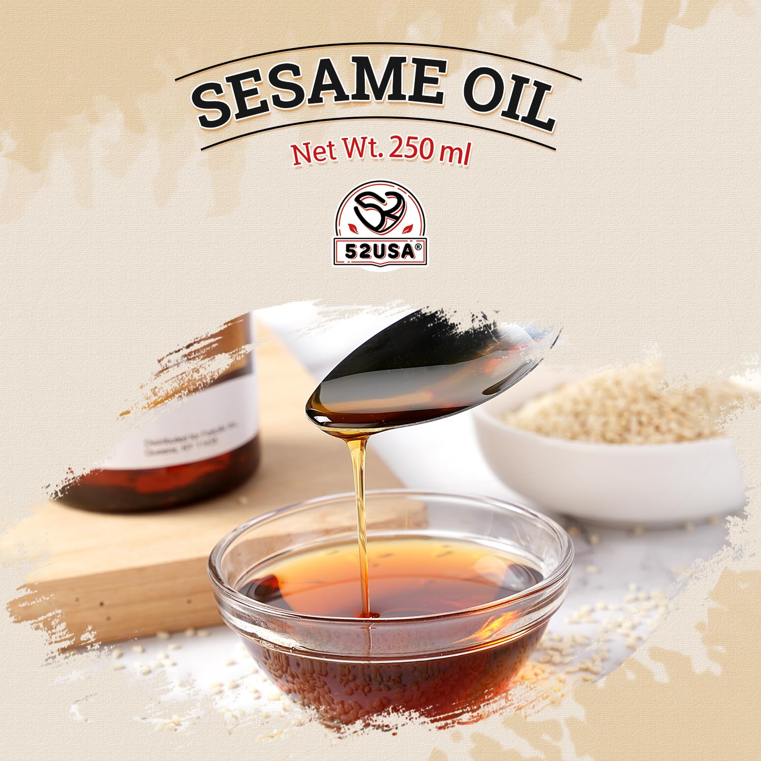 52USA sesame oil aroma closeup; adds rich flavor to marinades and dressings.
