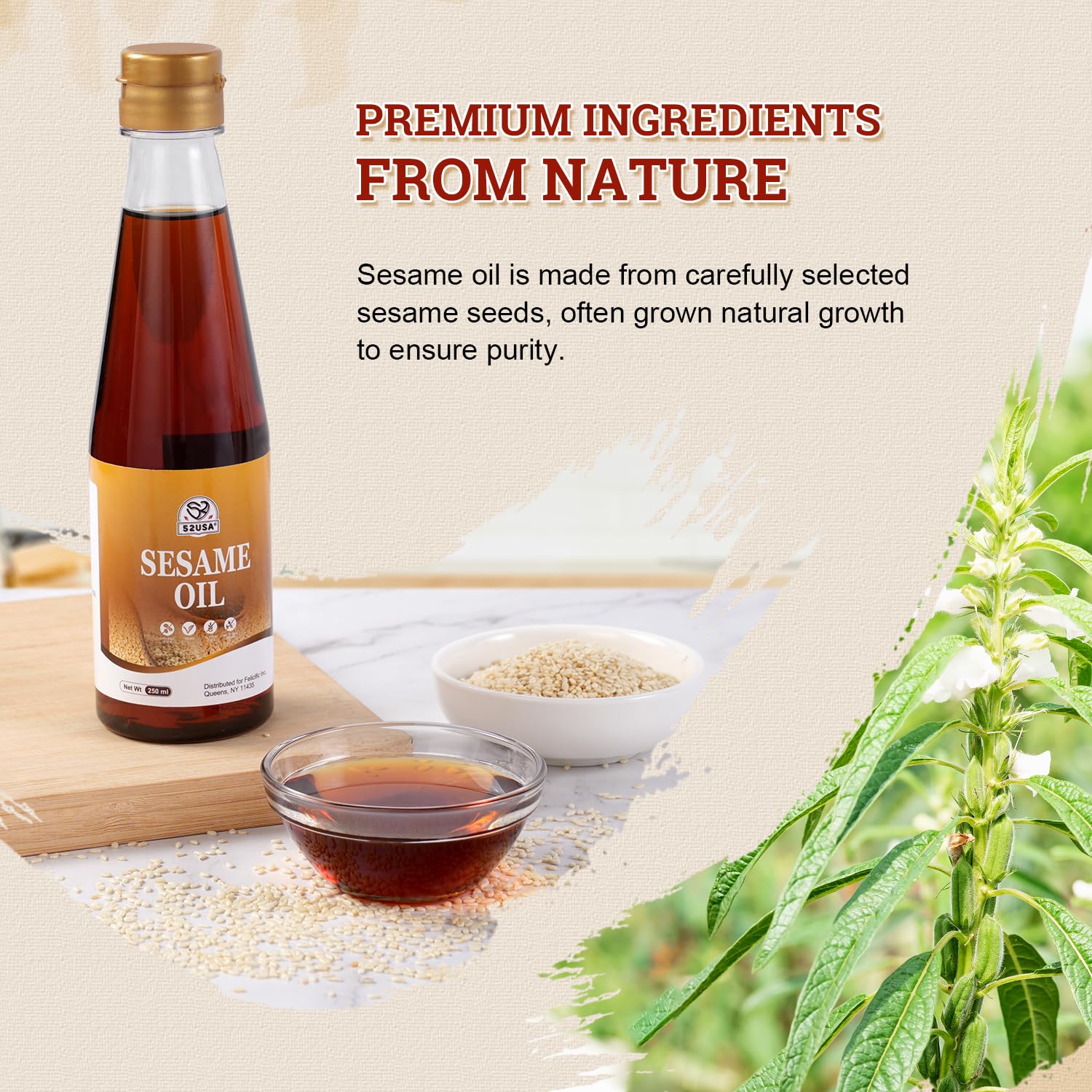 52USA sesame oil drizzle over finished dish; finishing oil for flavor boost.