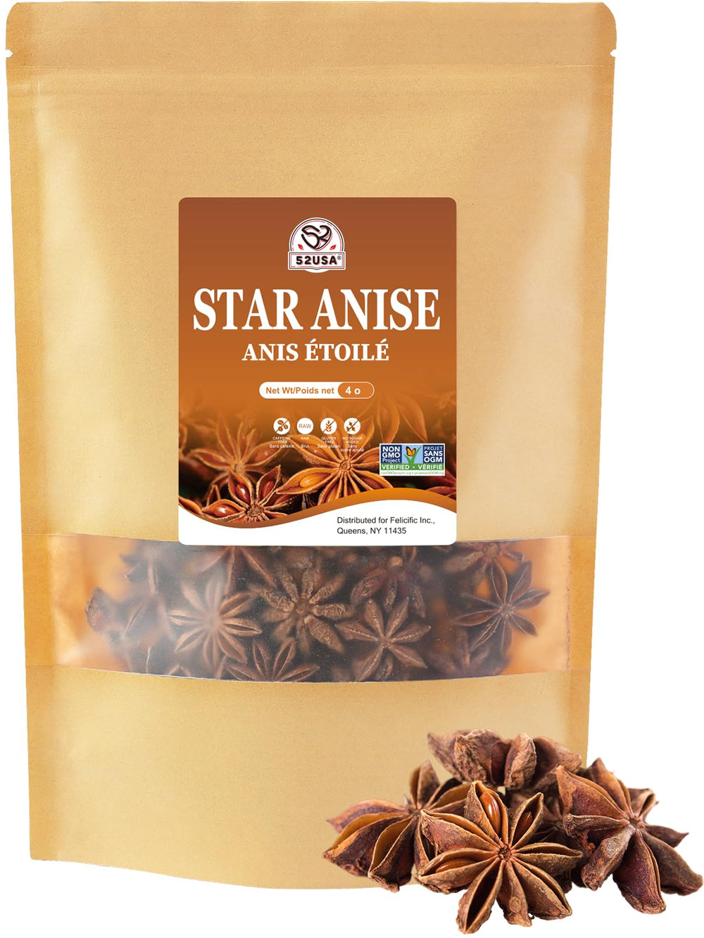 52USA Star Anise Whole 4oz pods ready for aromatic cooking and tea