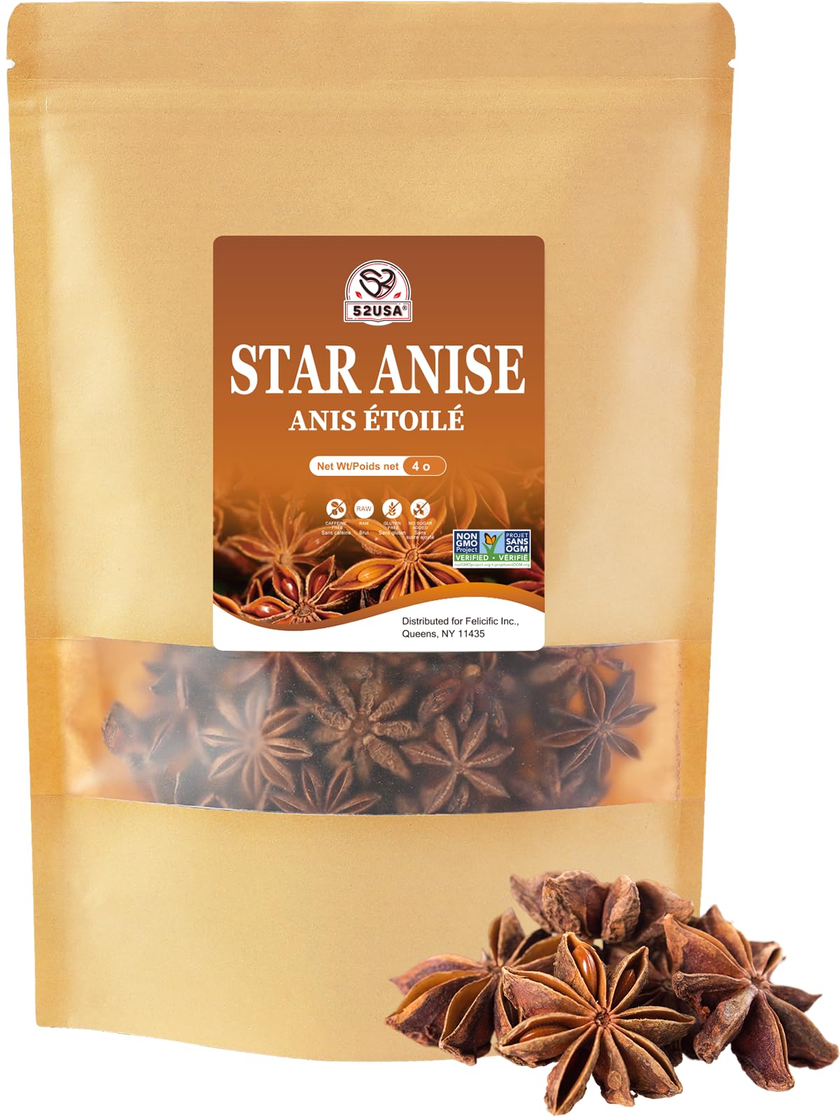 52USA Star Anise Whole 4oz pods ready for aromatic cooking and tea