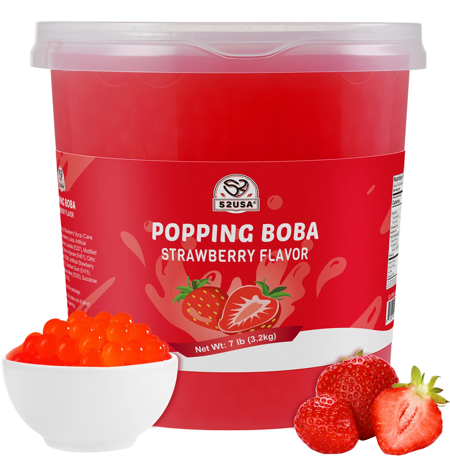 52USA Strawberry Popping Boba pearls in a large tub ready for cafes