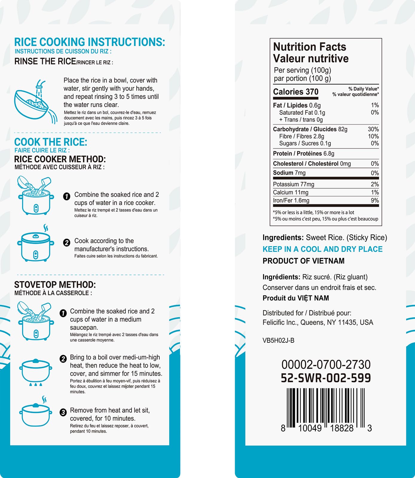 52USA Sweet Sticky Rice package back with nutrition notes for gluten-free and vegan diets.