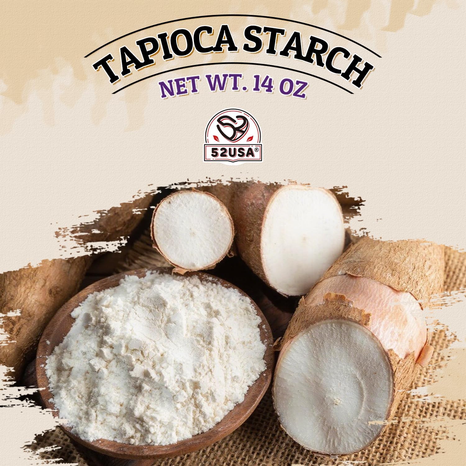 52USA Tapioca Flour sits on the counter beside measuring spoons for easy use.