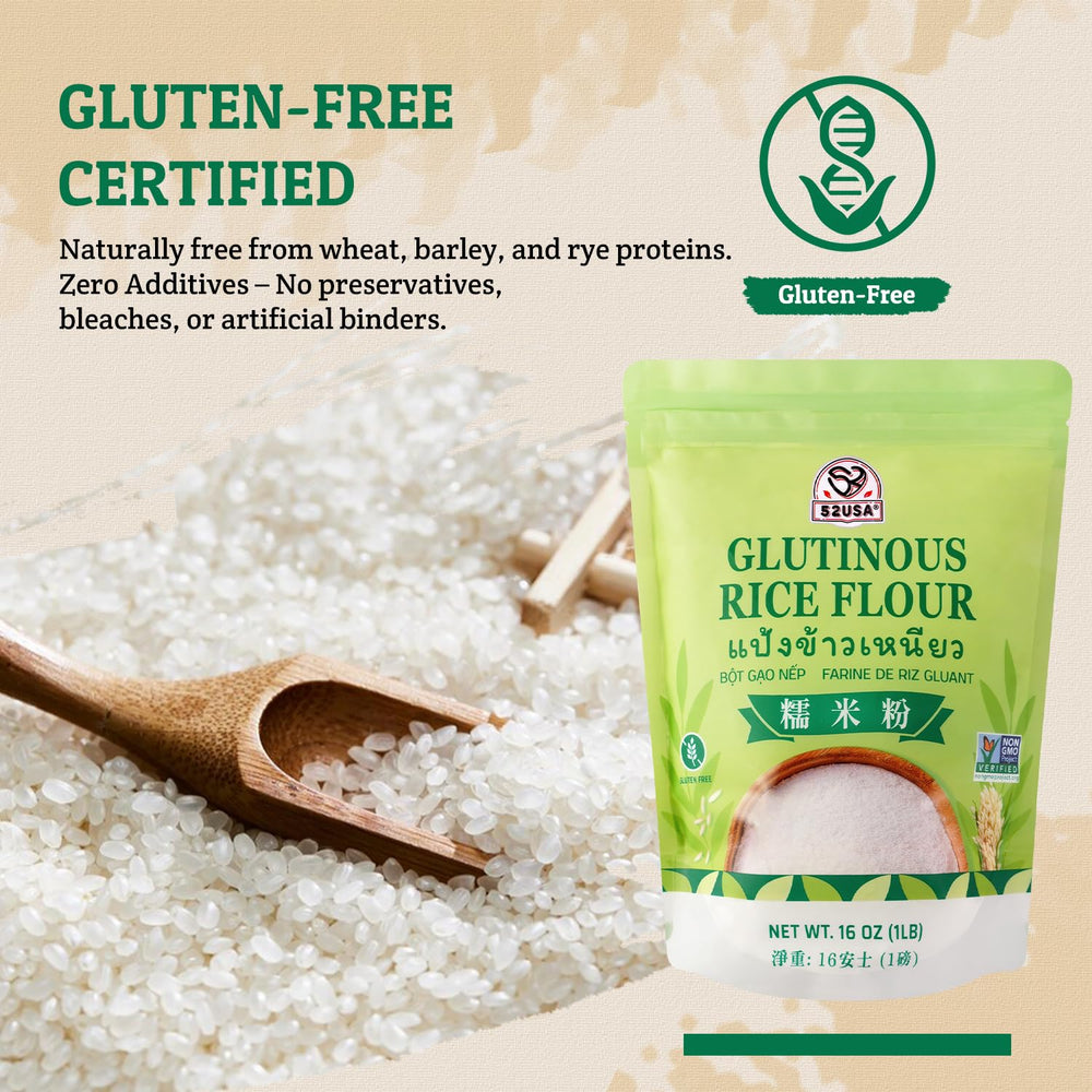 52USA Thai-origin glutinous rice flour highlighting authentic quality.
