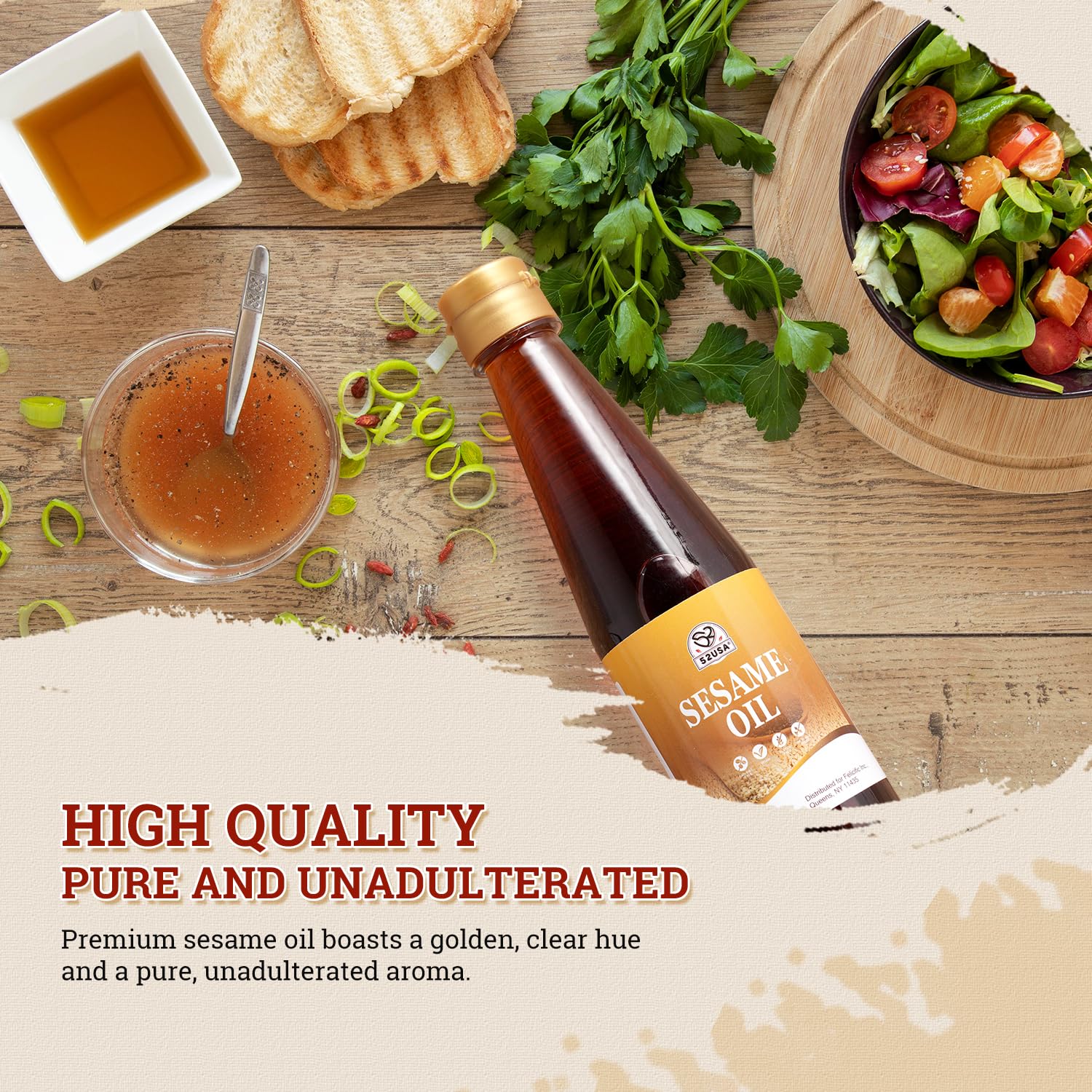 52USA toasted sesame oil for stir-fries; vibrant color and depth to sautés.