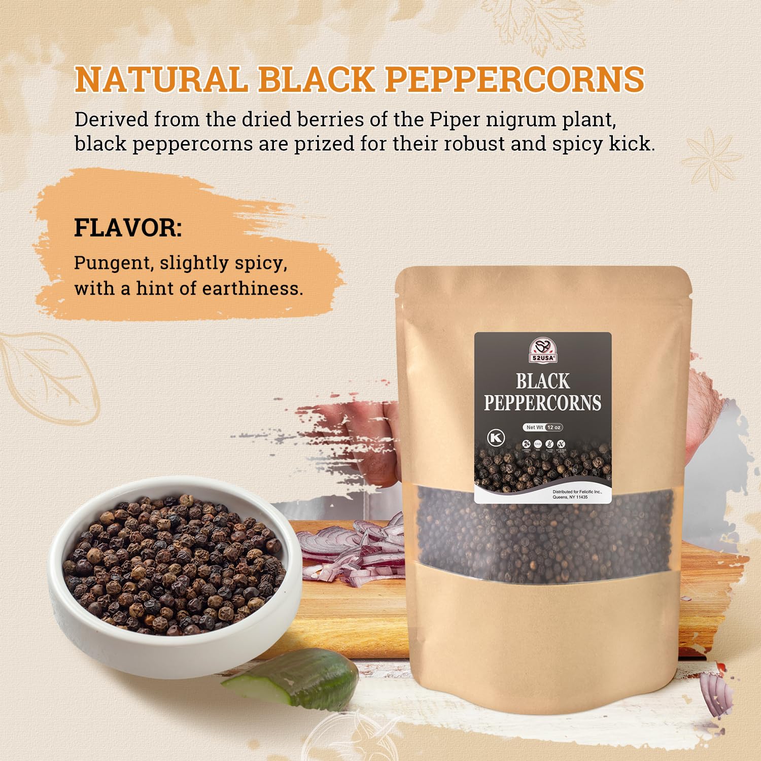 52USA whole peppercorns in a bowl add versatility for grinding or crushing.