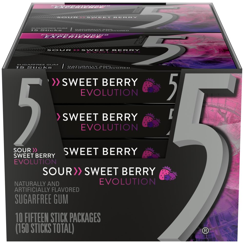 5 GUM Evolution Sour to Sweet Berry pack viewed, on-the-go flavor-changing gum.