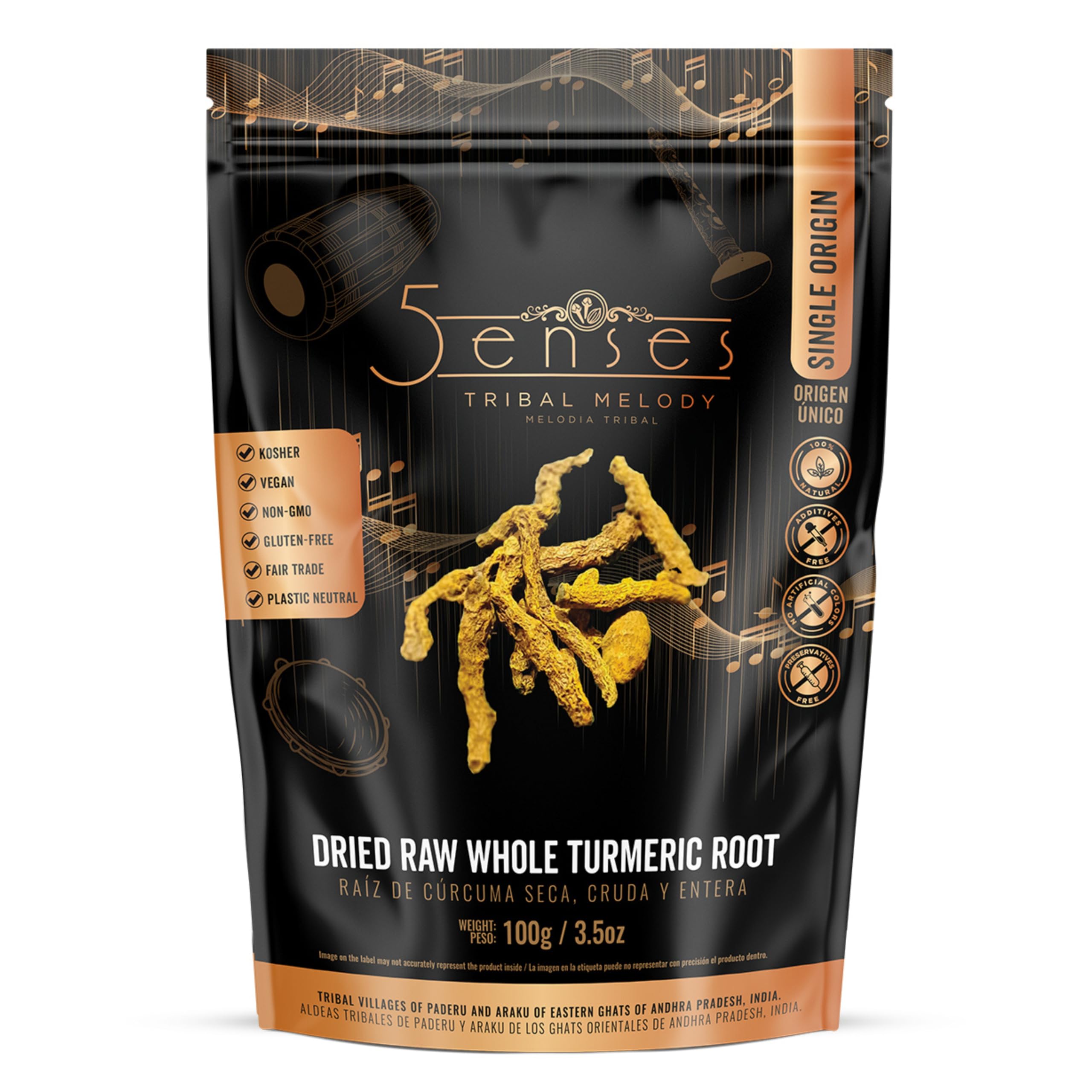 5Senses dried whole turmeric root in tribal harvest scene for authentic Indian spice.