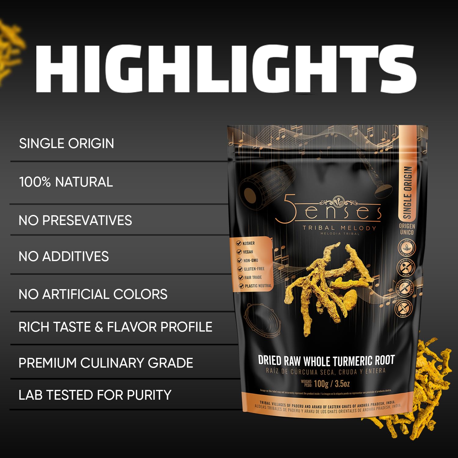 5Senses resealable pouch keeps turmeric root fresh.