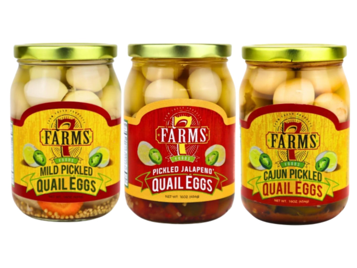 7 Farms Pickled Quail Eggs Mild Jar ready for snacking and entertaining.