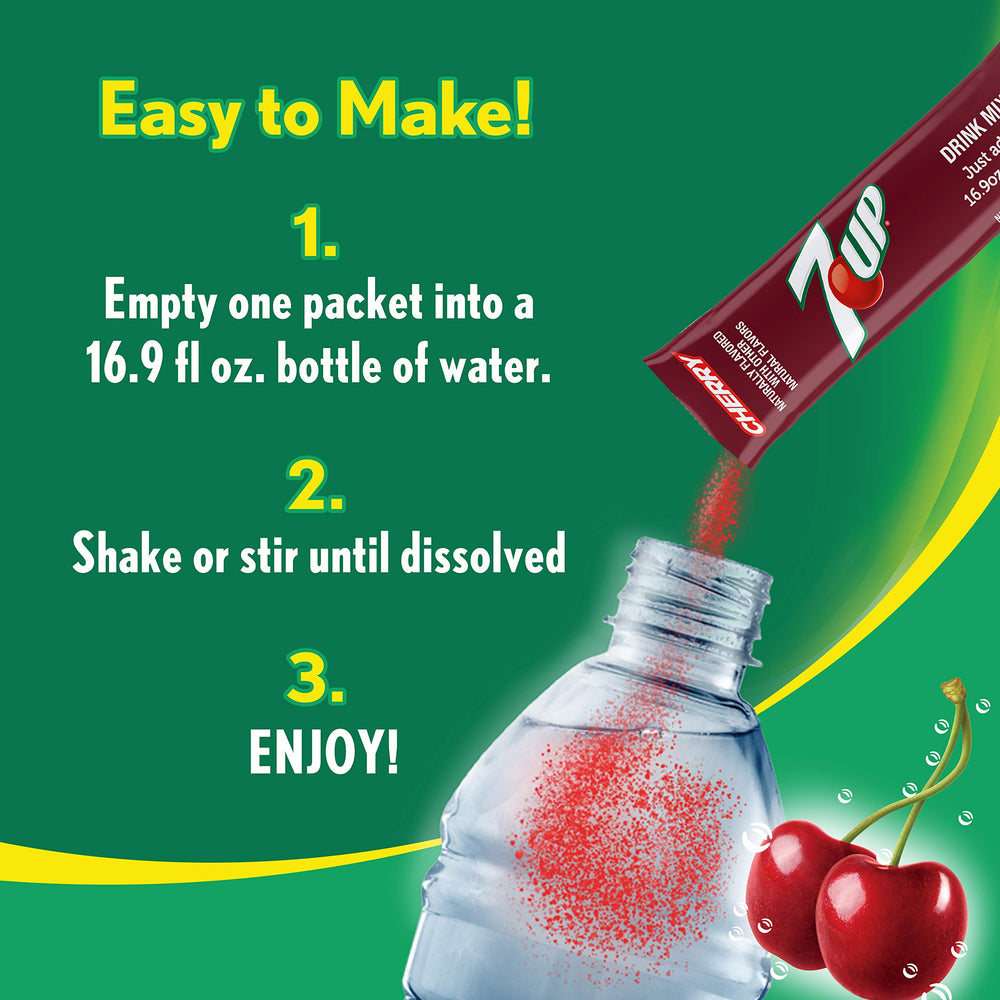 7UP Powder Drink Mix Cherry poured into ice cold water in a bottle.