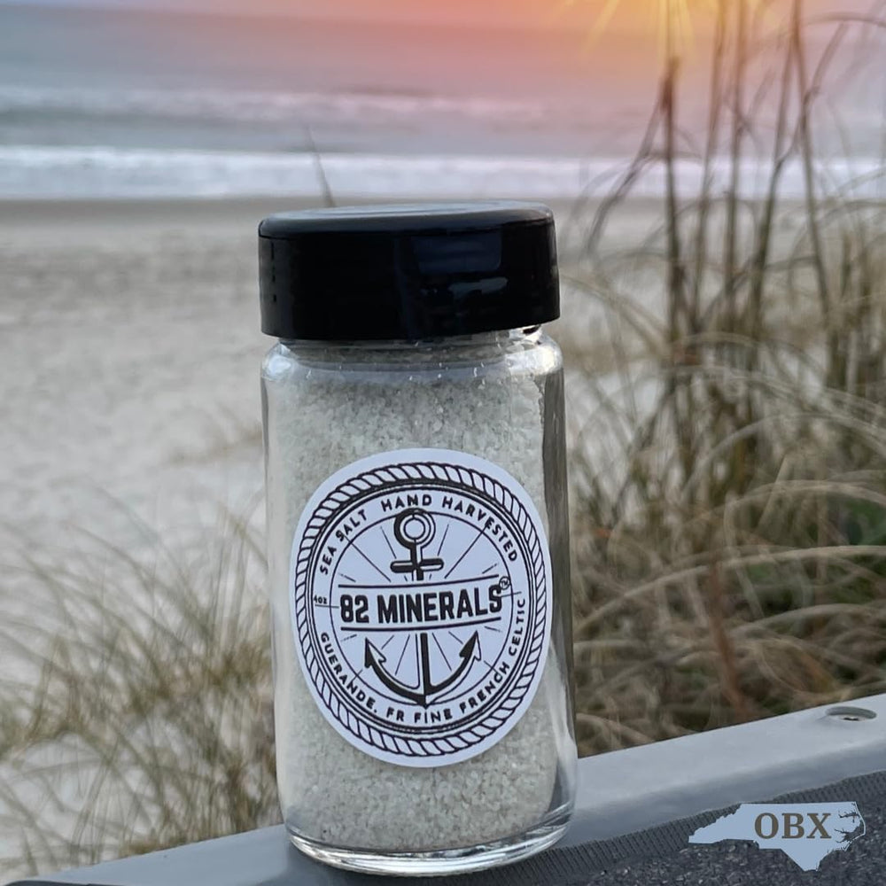Kitchen shaker with 82 Minerals Sea Salt ready for table finishing.