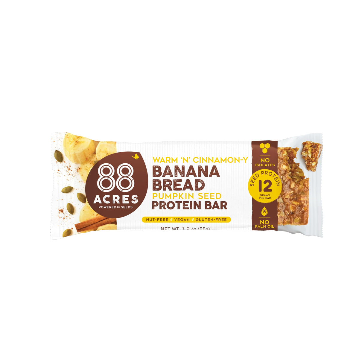 88 Acres Bar Protein Banana Bread packaging highlighting premium ingredients for on-the-go snacking