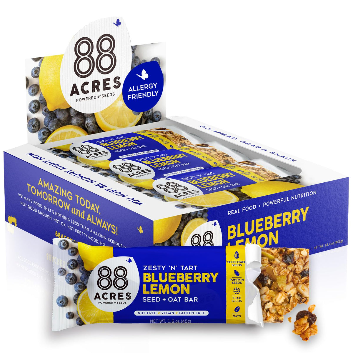 88 Acres Blueberry Lemon granola bar pack, gluten-free and school-safe snack option.