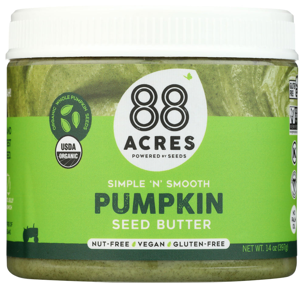 88 Acres Butter Pumpkin Seed Organic bottle on shelf, ready for toast.