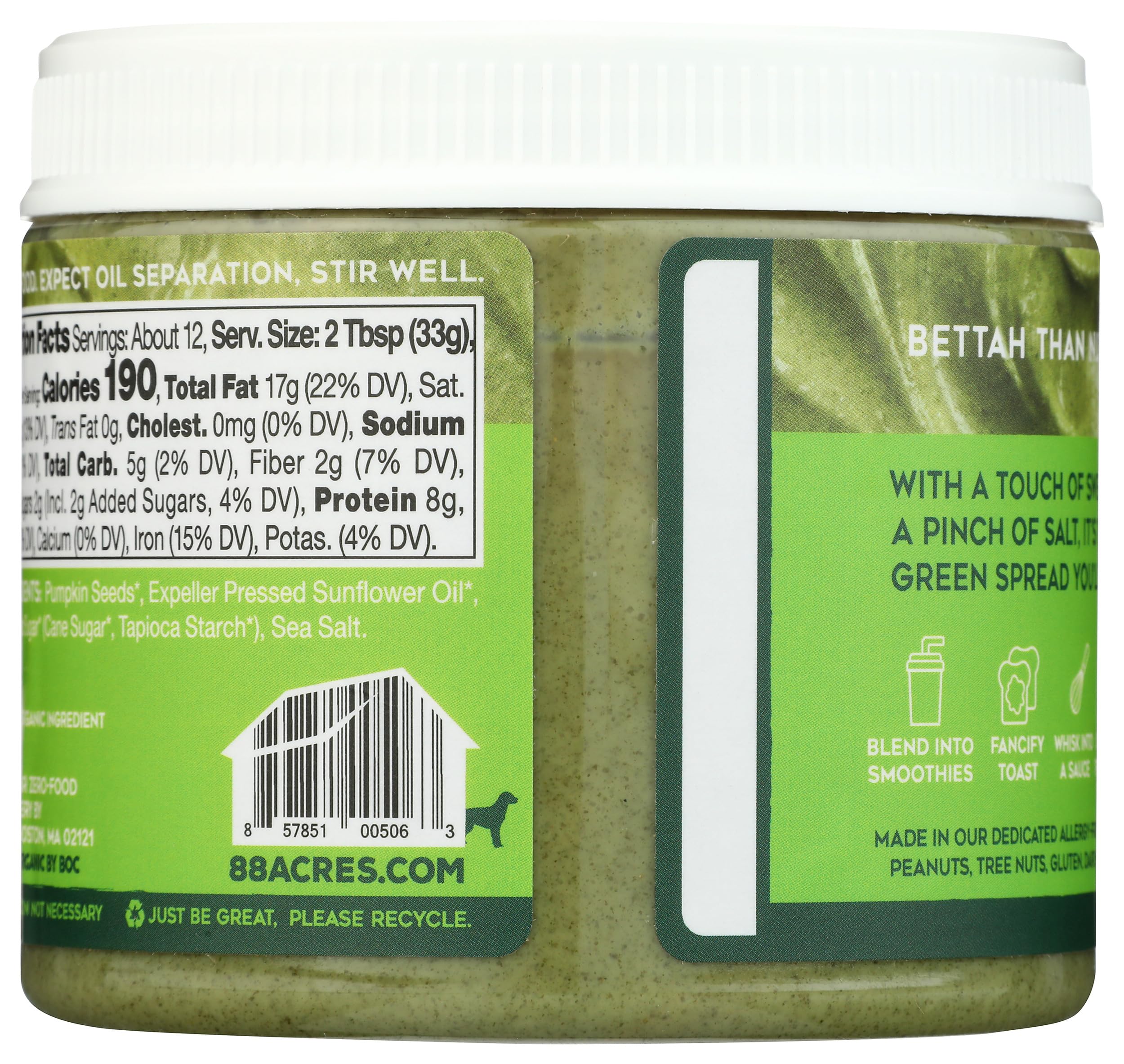 Close-up of 88 Acres Butter Pumpkin Seed Organic jar showing creamy texture.