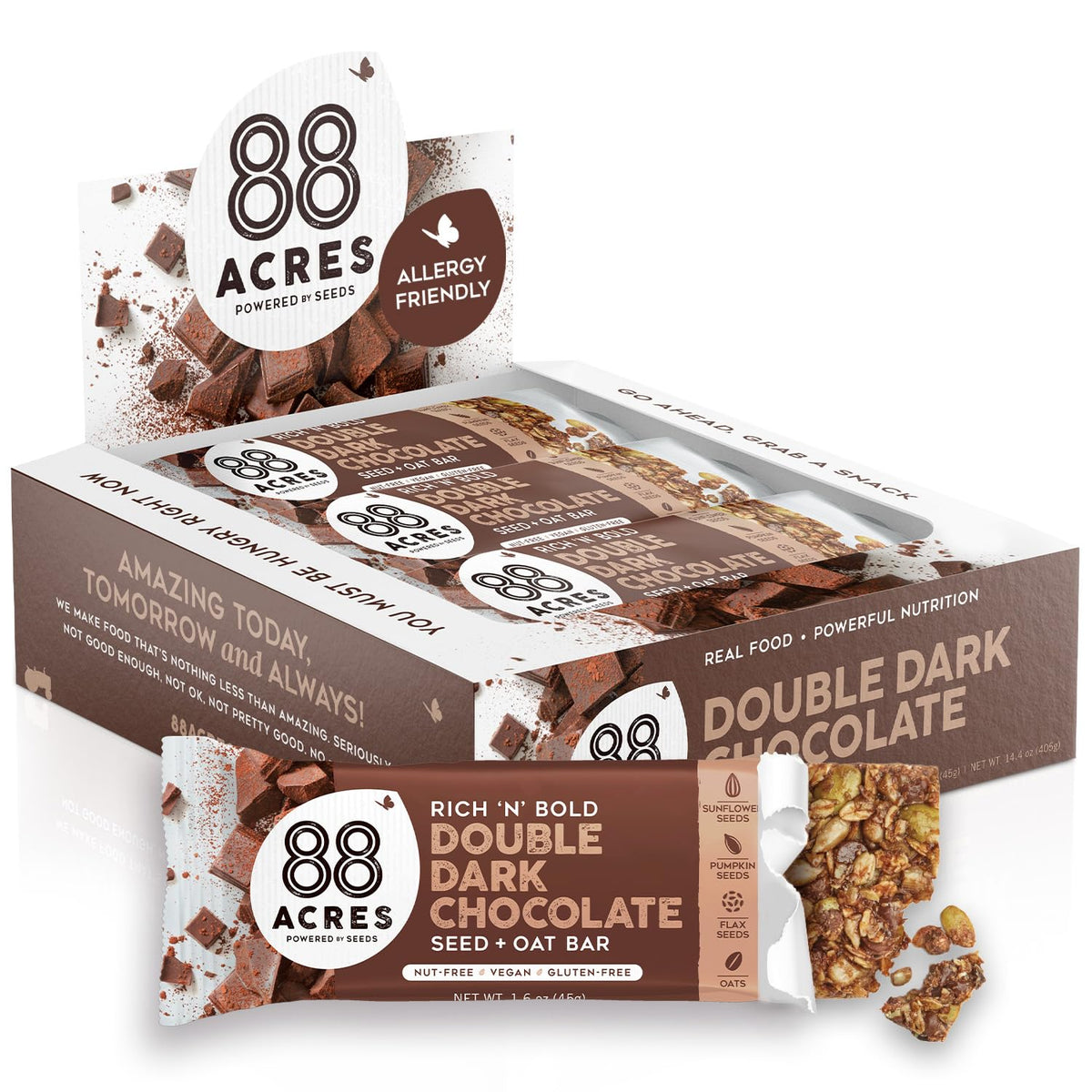 88 Acres double dark chocolate granola bar pack shot highlighting a convenient on-the-go treat