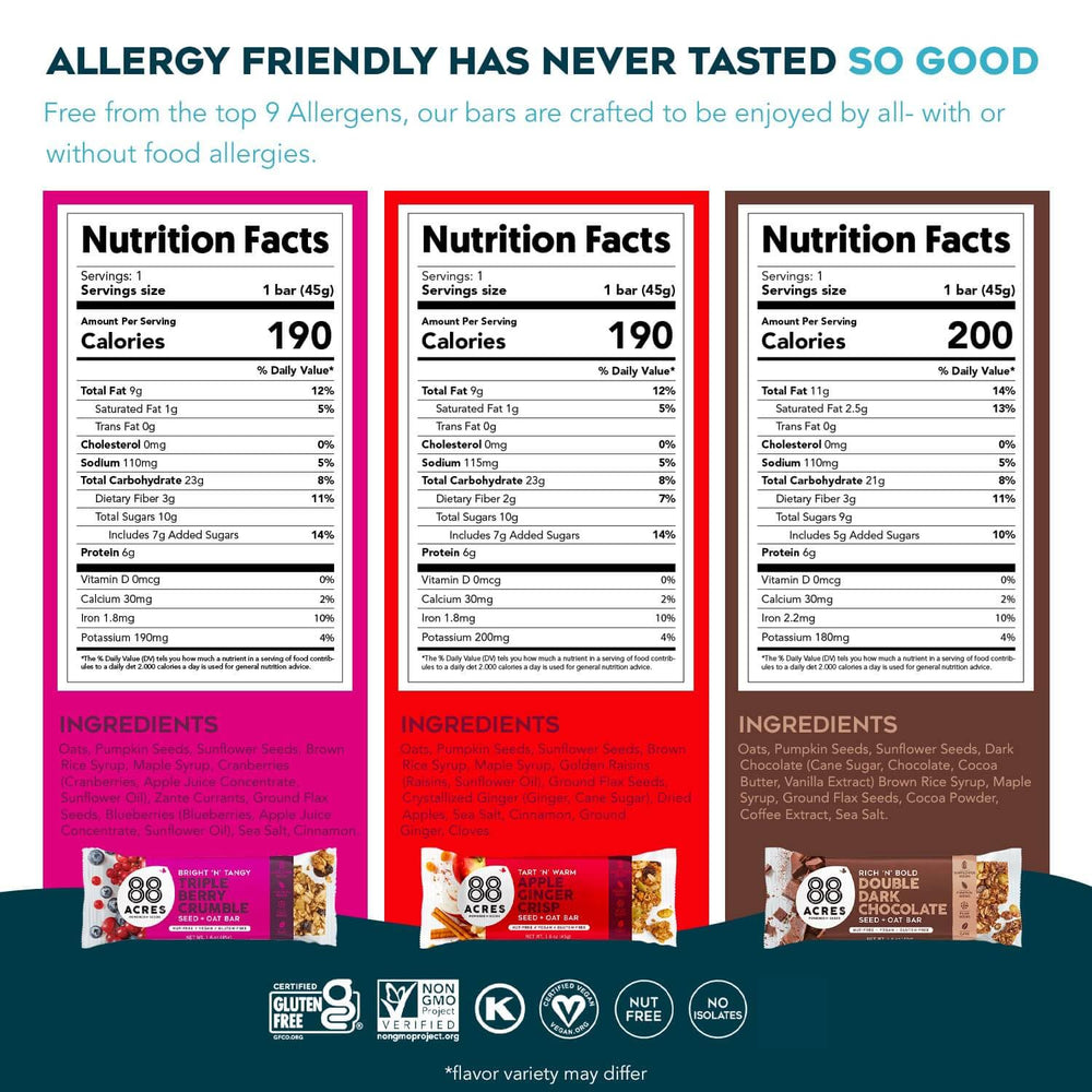 88 Acres granola bars dark chocolate sea salt, plant-based energy in a chewy bite.