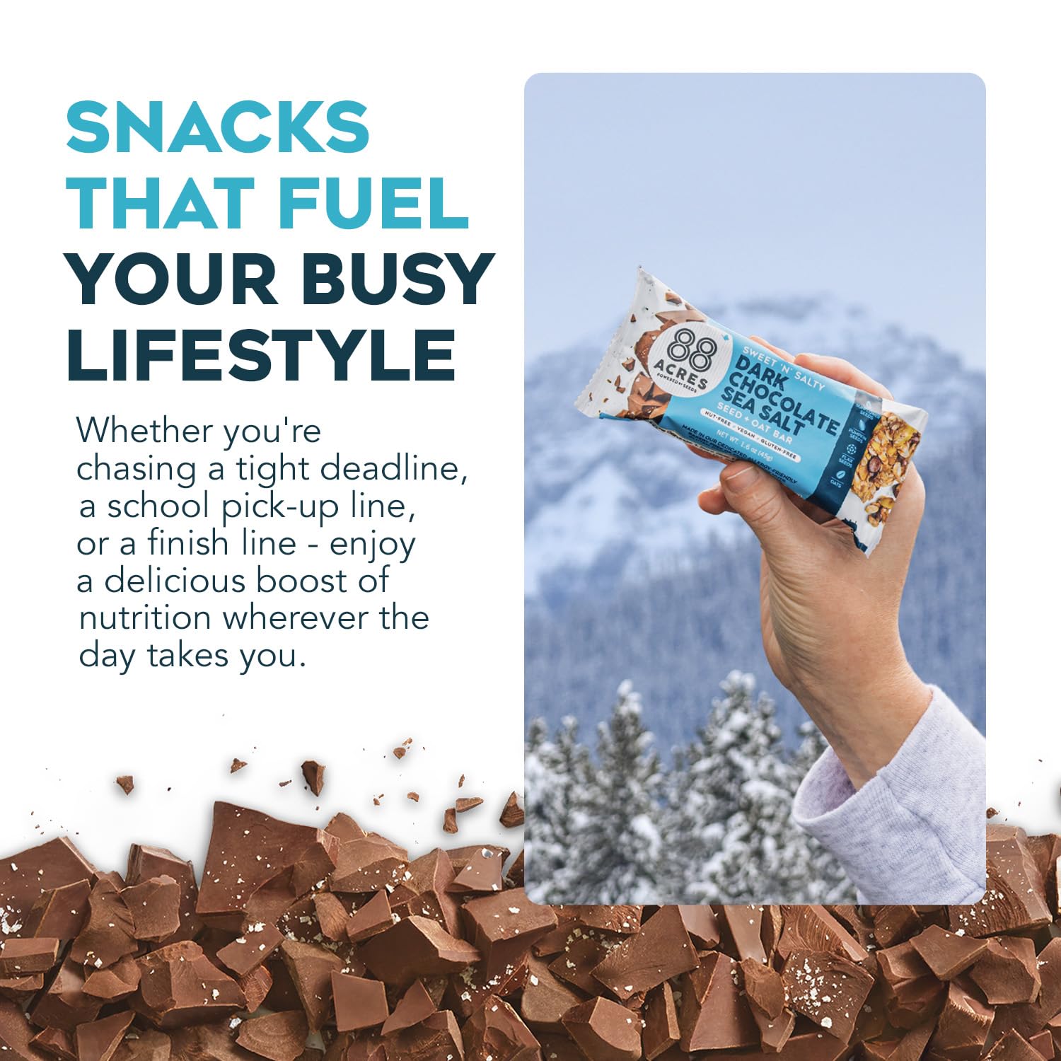 Bite shot of 88 Acres granola bars highlighting soft chew and chocolate