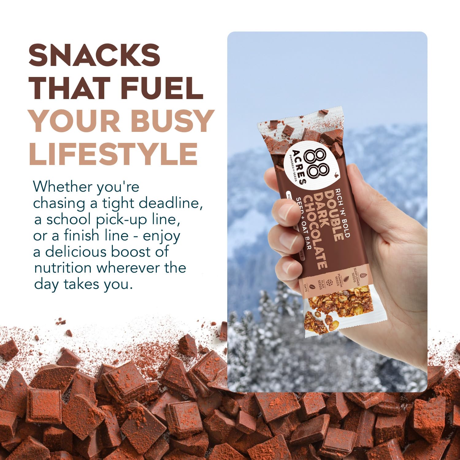 88 Acres pre- and post-workout snack use with chewy chocolate bars