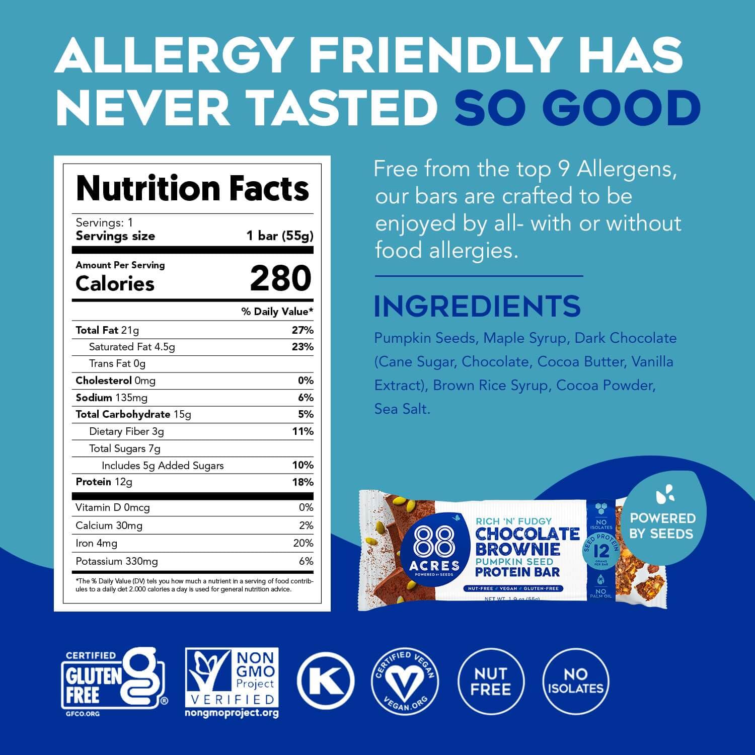 88 Acres Pumpkin Seed Protein Bars fudge brownie individually wrapped, convenient snack