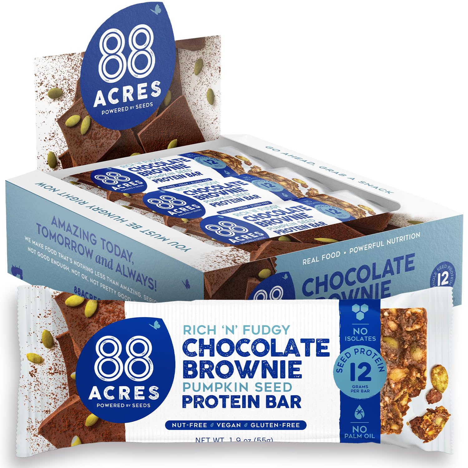 88 Acres Pumpkin Seed Protein Bars fudge brownie pack, on-the-go vegan treat for busy days