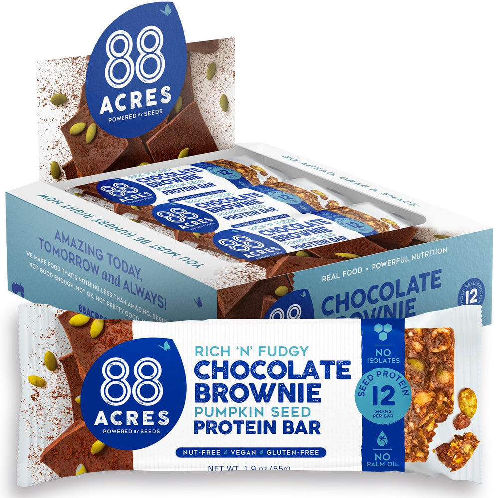 88 Acres Pumpkin Seed Protein Bars fudge brownie pack, on-the-go vegan treat for busy days