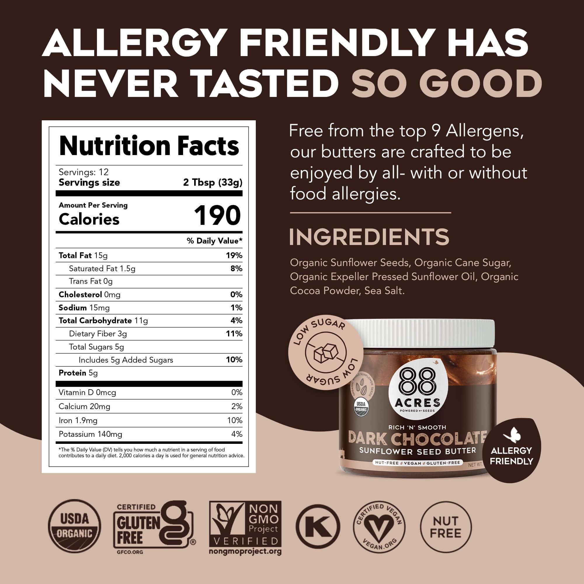 88 Acres Dark Chocolate Sunflower Butter two-pack—convenient pantry staple.