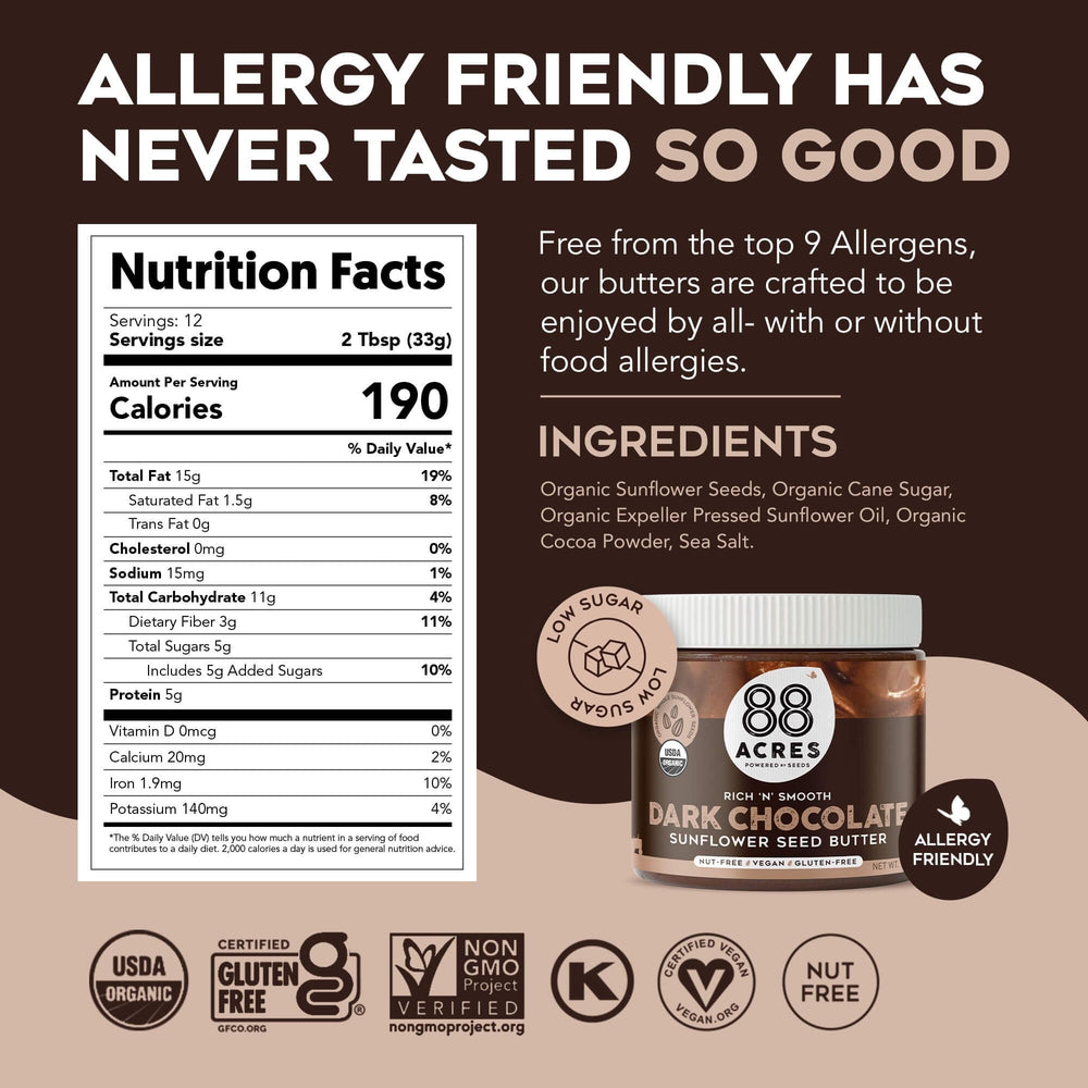 88 Acres Dark Chocolate Sunflower Butter two-pack—convenient pantry staple.