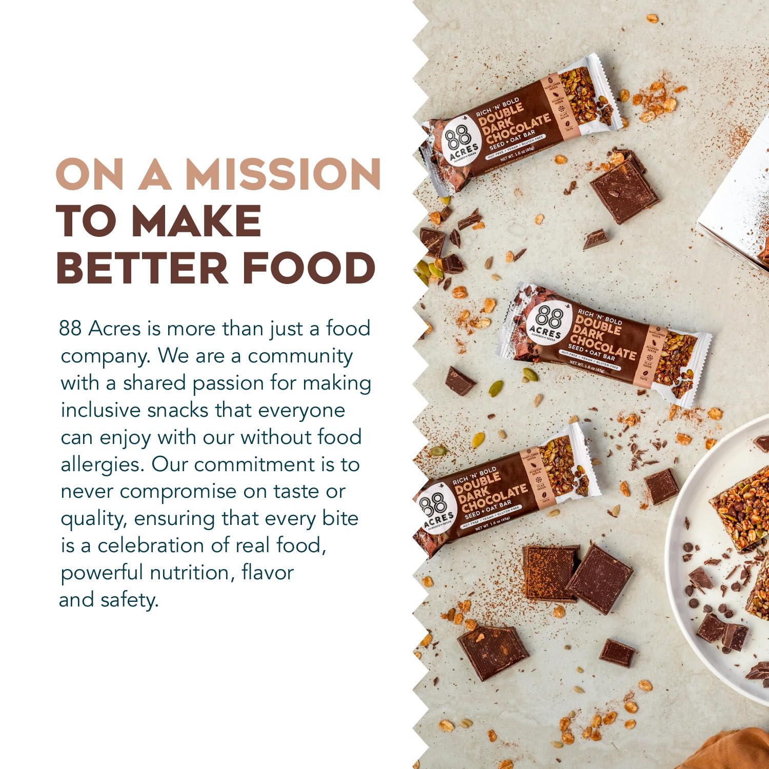 88 Acres vegan non-GMO badge emphasizing plant-based, non-GMO snack option