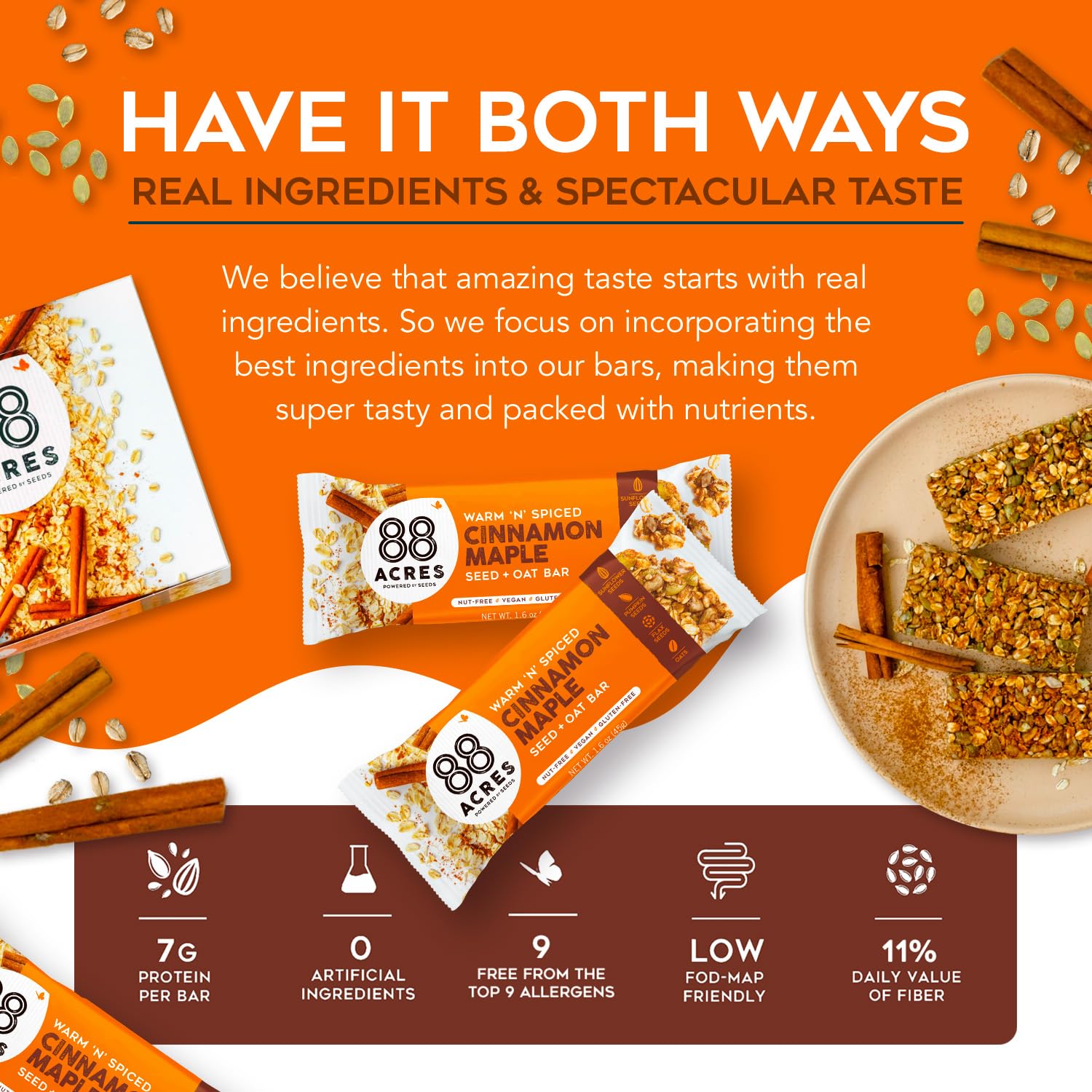 88 Acres Cinnamon Maple granola bar on-the-go in a backpack for busy days