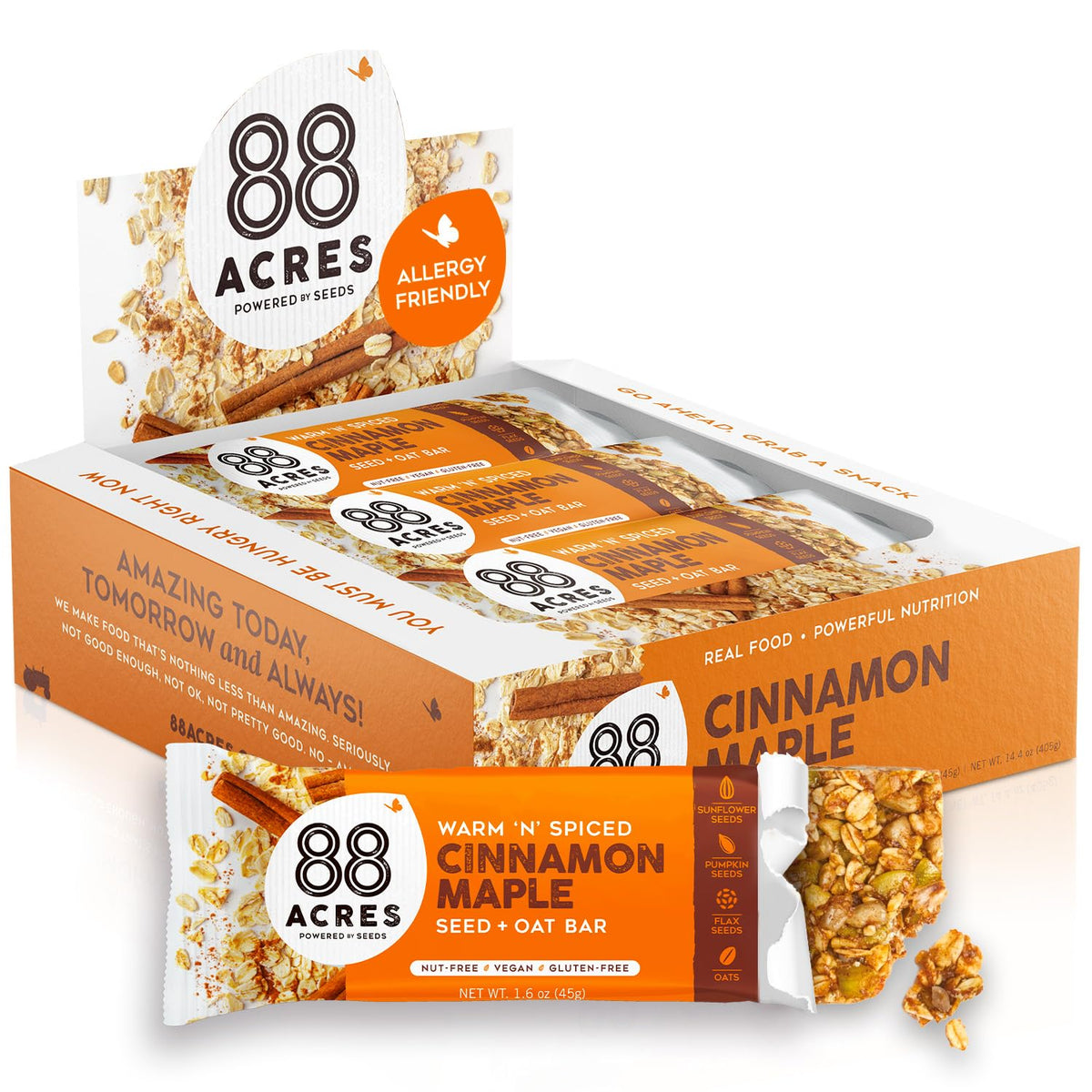 88 Acres Cinnamon Maple granola bars packaging highlighting allergen-free, school-safe snacking