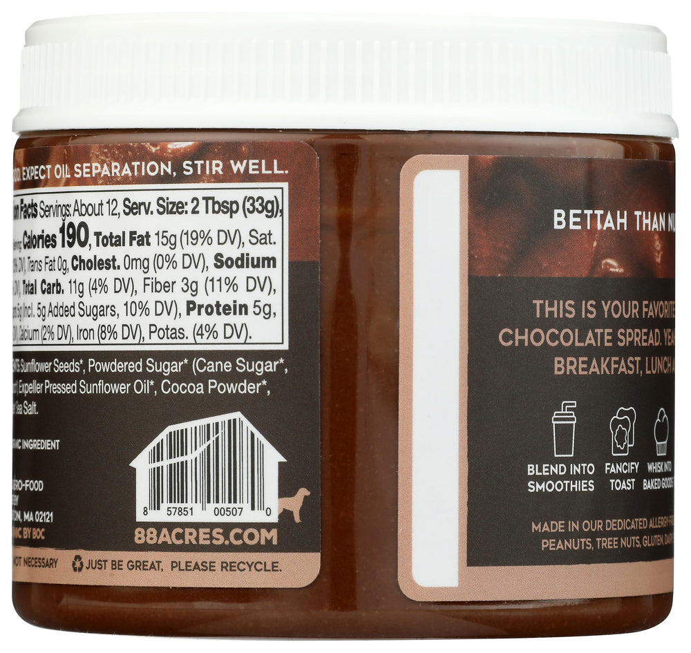 88 Acres dark chocolate sunflower seed butter on spoon, rich and smooth