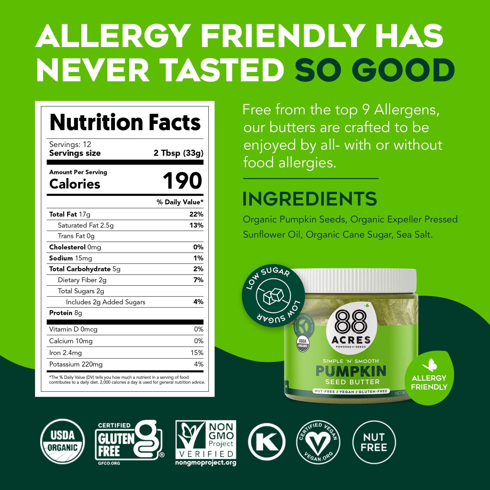 88 Acres organic pumpkin seed butter in a resealable jar keeps freshness.