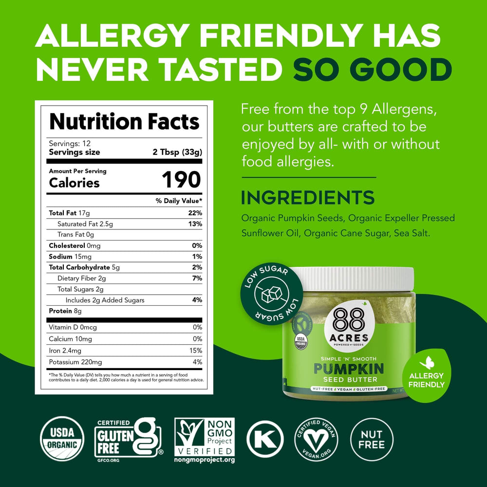 88 Acres organic pumpkin seed butter in a resealable jar keeps freshness.